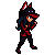 A girl with long blue-black hair, wearing a ball cap with red cat ears, a red and black top, red shorts, black tights, and red and black shoes..