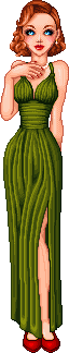 A woman with red hair in an elegant green dress with red shoes.